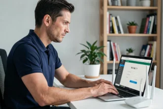 Technicien informatique accédant à l'interface d'administration de son routeur via l'adresse IP 192.168.1.1 sur un ordinateur portable dans un bureau à domicile moderne
