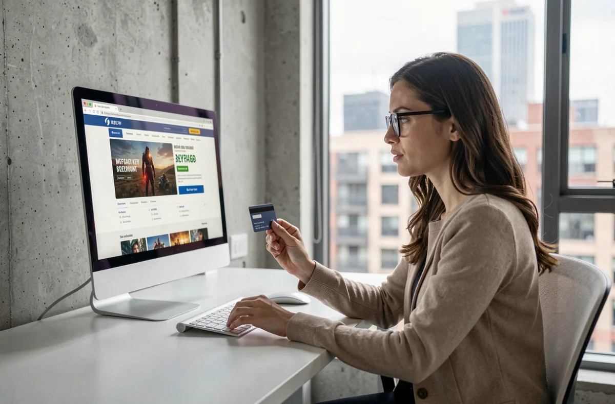 Femme vérifiant les offres de réductions sur des plateformes de jeux vidéo alternatifs avec une carte bancaire à la main