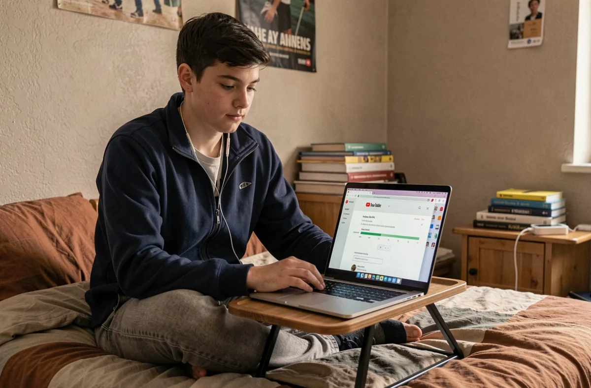 Adolescent téléchargeant une vidéo YouTube en format MP4 sur son ordinateur portable depuis sa chambre