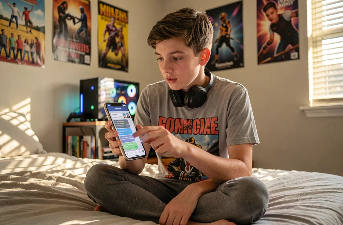 Adolescent consultant Discord sur smartphone dans sa chambre avec des messages embed et du texte en italique affichés