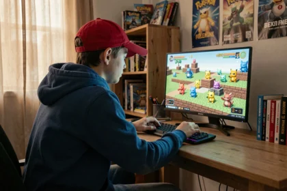 Adolescent jouant à un mod Pokémon sur Minecraft en mode survie sur son ordinateur dans sa chambre
