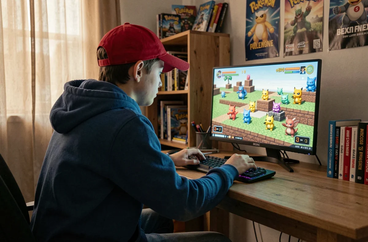 Adolescent jouant à un mod Pokémon sur Minecraft en mode survie sur son ordinateur dans sa chambre