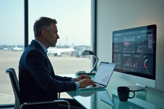 Agent aerien en costume navy dans un bureau moderne avec tableau de bord futuriste