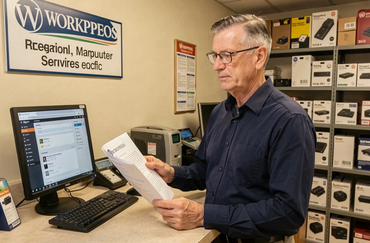 Consultant senior d'Alesta Computer examinant un contrat de maintenance WordPress dans une boutique informatique locale