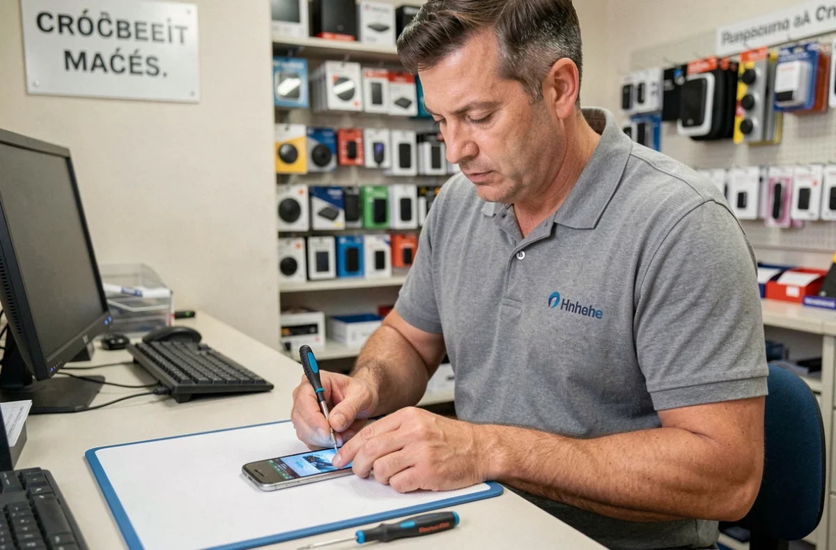 Technicien d'Altéa Informatique à Chantonnay réparant un smartphone sur un établi propre
