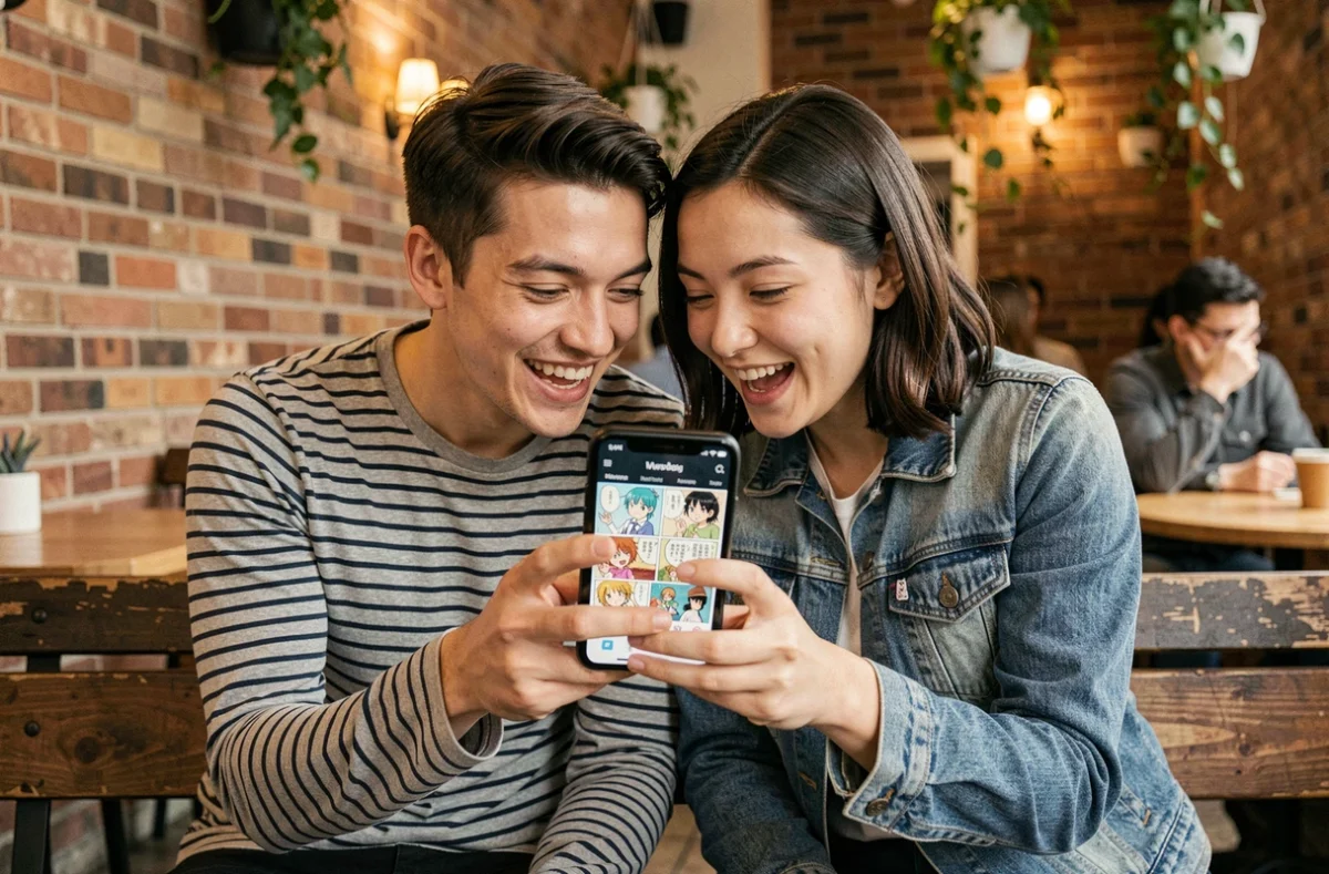 Deux amis lisant ensemble des scans manga sur smartphone dans un café urbain chaleureux