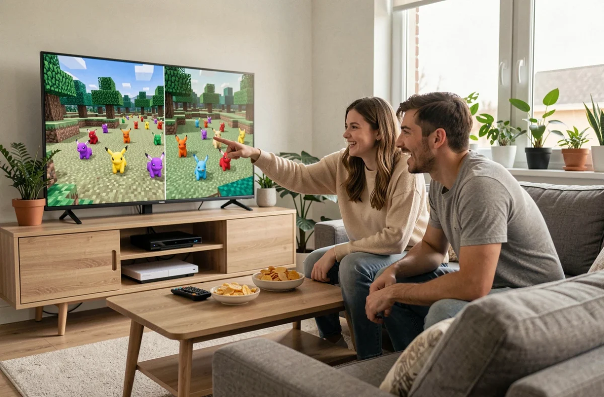 Deux amis jouant ensemble au mod Pokémon Minecraft en mode survie sur une grande télévision dans un salon
