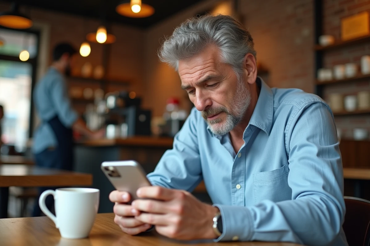 Homme d'âge mûr utilisant une application de récupération de données pour retrouver des SMS sur iPhone dans un café