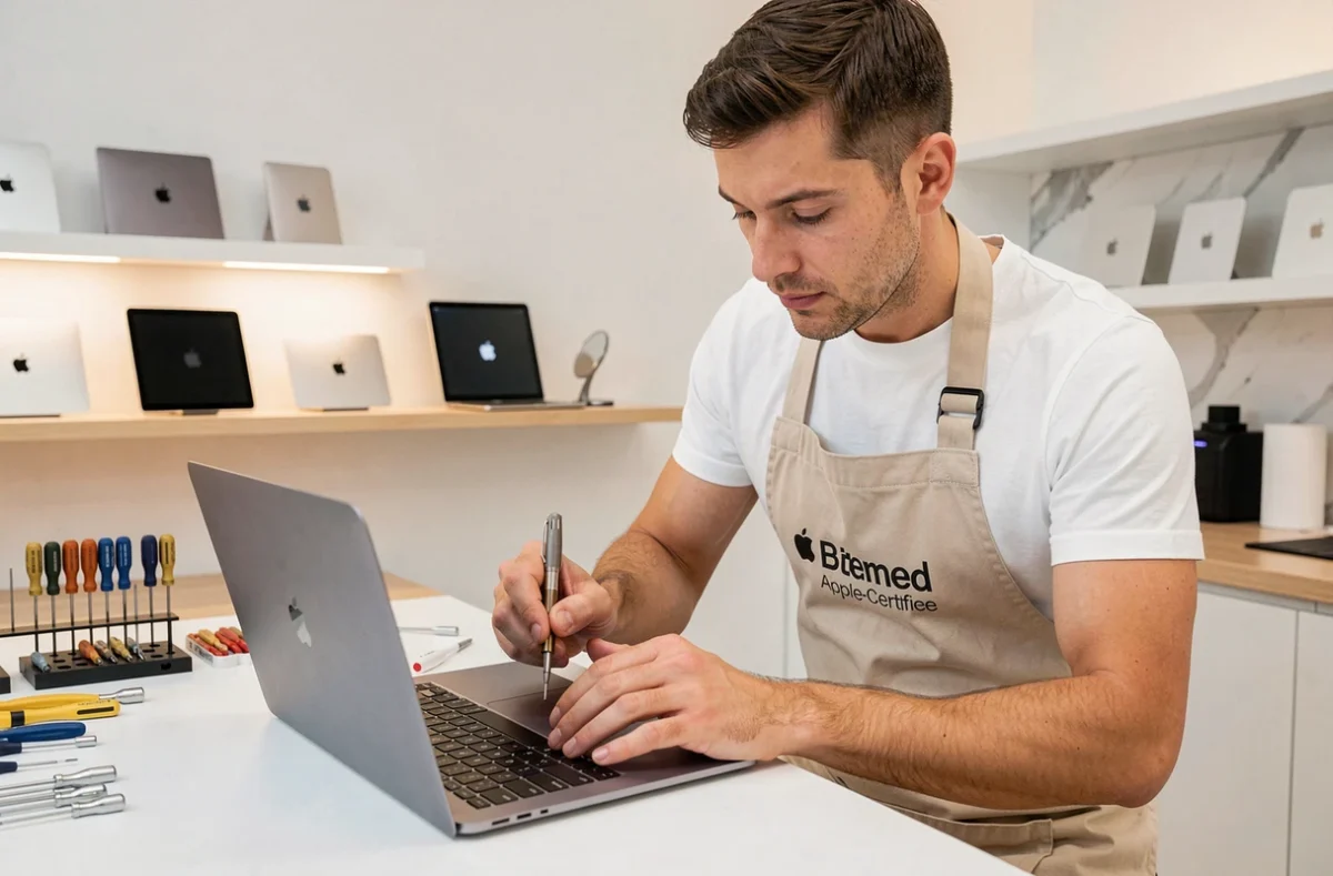 Technicien certifié Apple d'Arobace réparant un MacBook ouvert sur un établi minimaliste en Bretagne