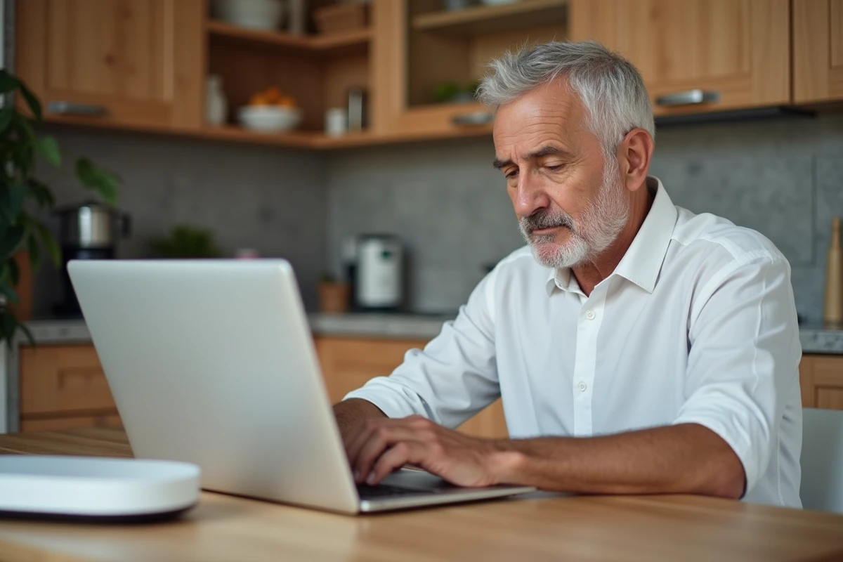 Homme consultant le site Orange.fr sur un ordinateur portable pour résoudre le code erreur L11-06 avec le décodeur TV posé sur la table