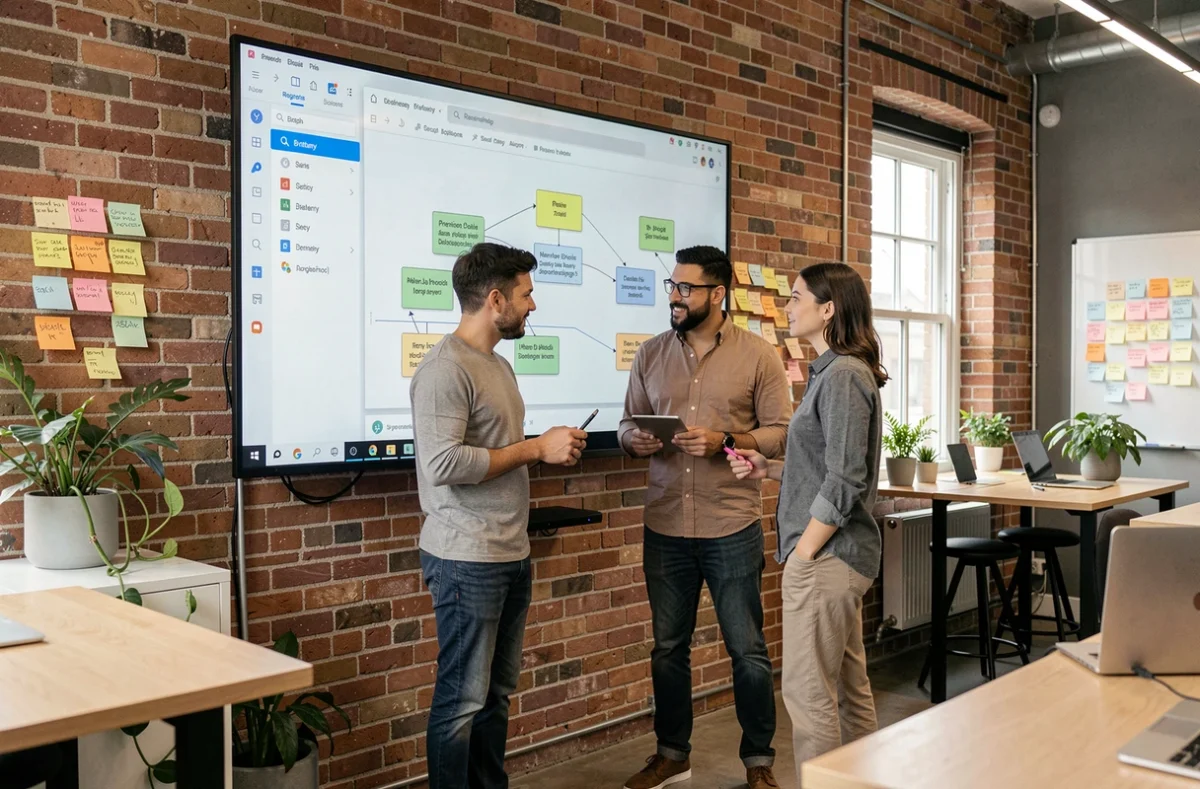 Développeurs de Be API collaborant autour d'un écran affichant des diagrammes de maintenance applicative et des projets numériques régionaux en Bretagne