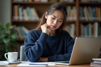 Femme universitaire frustrée devant son ordinateur portable ne recevant plus de mails sur sa boîte académique Nantes