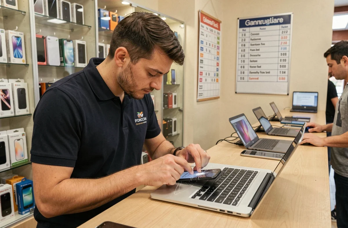 Technicien de BPS Breizh Phone Service réparant simultanément un smartphone et un ordinateur portable au comptoir de son atelier