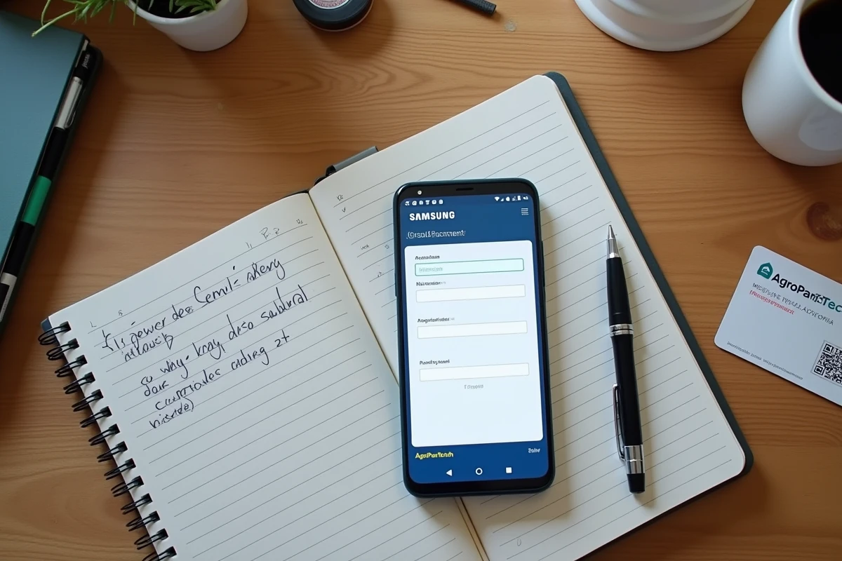 Vue à plat d'un bureau étudiant avec smartphone affichant la configuration du compte mail AgroParisTech et notes manuscrites