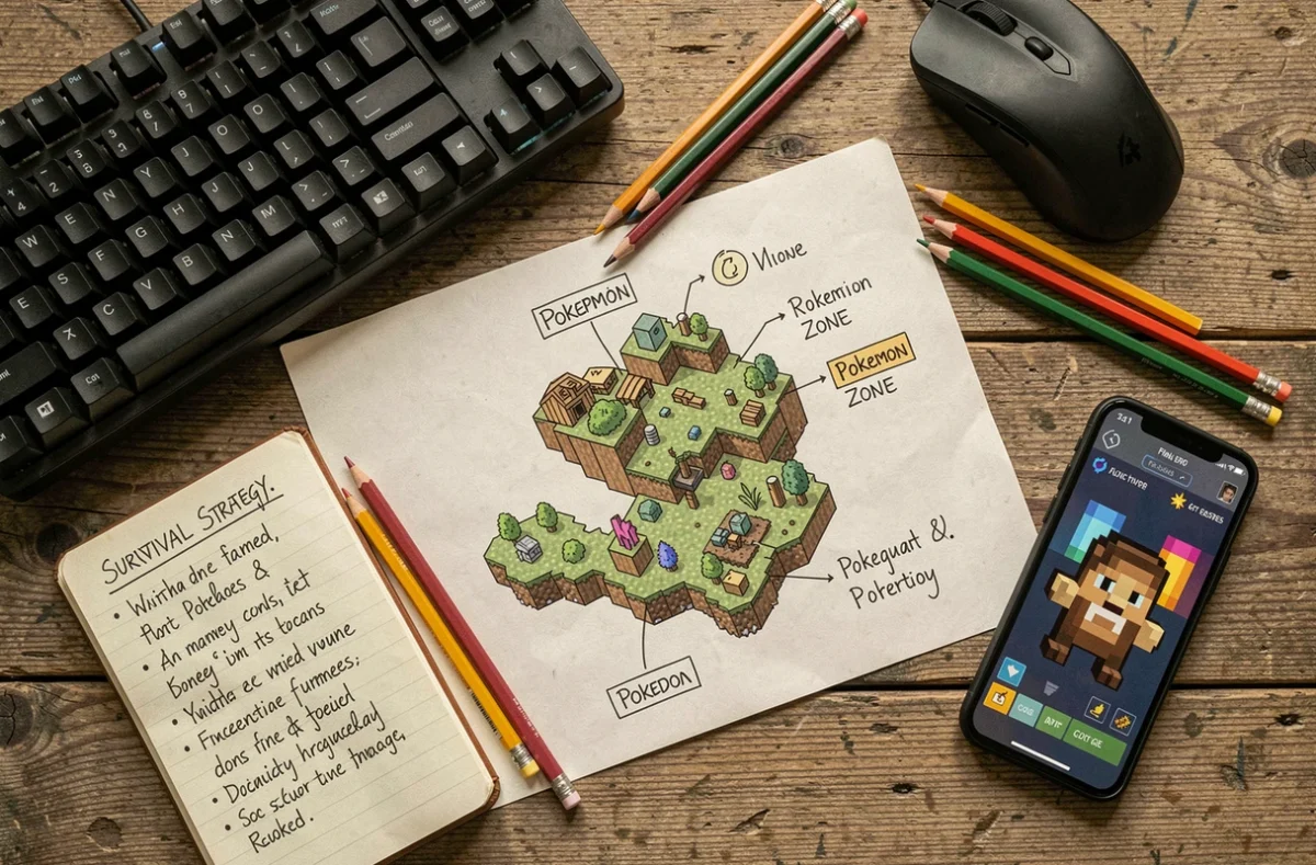 Carte dessinée à la main d'une région Pokémon Minecraft posée sur un bureau avec notes de survie et clavier gaming