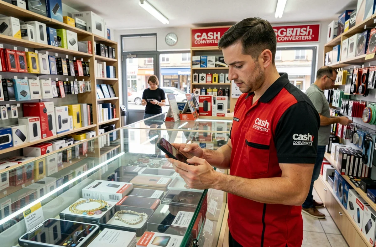 Employé Cash Converters à La Roche-sur-Yon évaluant un smartphone d'occasion au comptoir