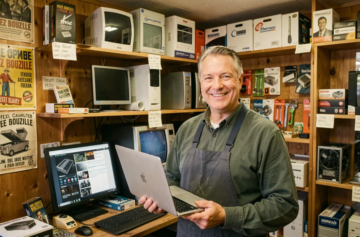 Le propriétaire de Chez Bouzille tenant un ordinateur portable réparé dans sa boutique informatique locale