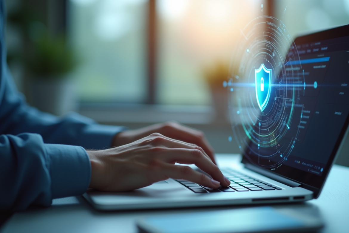 Mains tapant sur un clavier avec un hologramme de protection