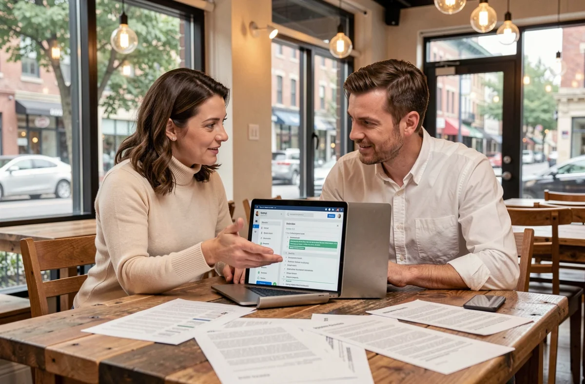 Deux consultants SEO collaborant sur une roadmap de référencement 2026 dans un espace de coworking