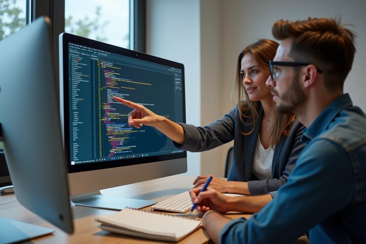 Deux développeurs débutants collaborant sur du code Python avec listes et dictionnaires dans un espace de co-working moderne