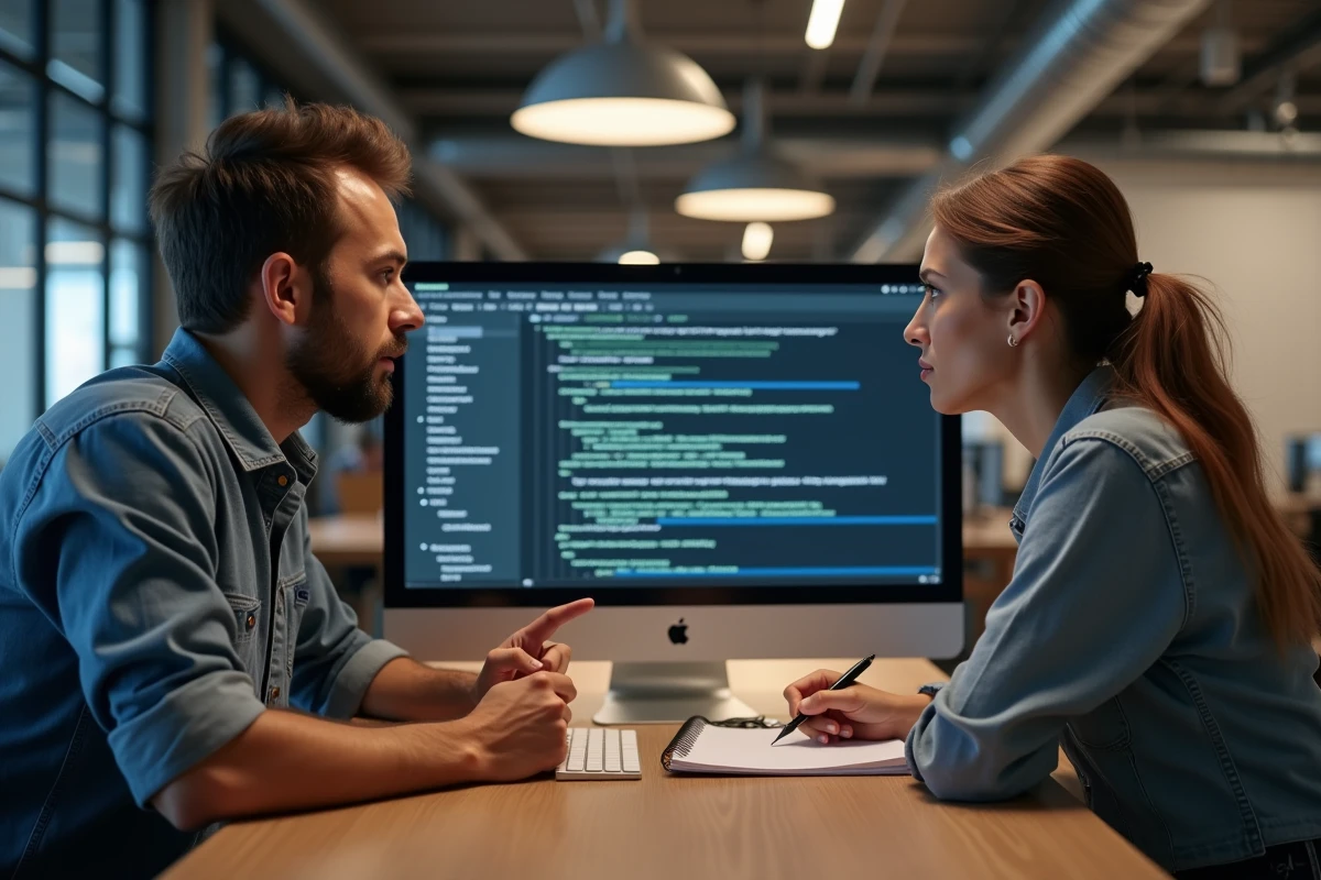 Deux personnes en train de résoudre une erreur d'installation Cyberflux ensemble dans un espace de coworking, regardant un message d'erreur sur un écran