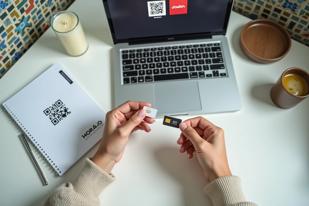 Mains comparant une carte SIM physique et un QR code eSIM Maroc Telecom sur un bureau à domicile marocain