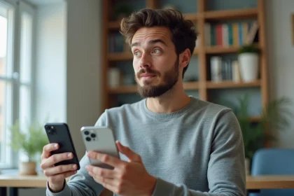 Homme comparant un iPhone 16e et un smartphone Android en les tenant côte à côte dans un bureau moderne