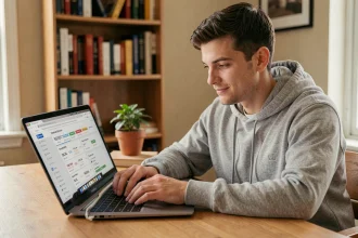 Jeune homme comparant les prix de jeux vidéo sur plusieurs sites en ligne depuis son bureau à domicile