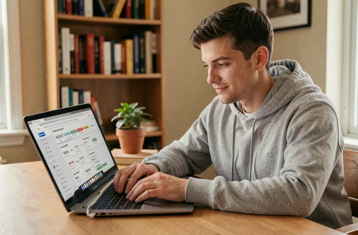 Jeune homme comparant les prix de jeux vidéo sur plusieurs sites en ligne depuis son bureau à domicile