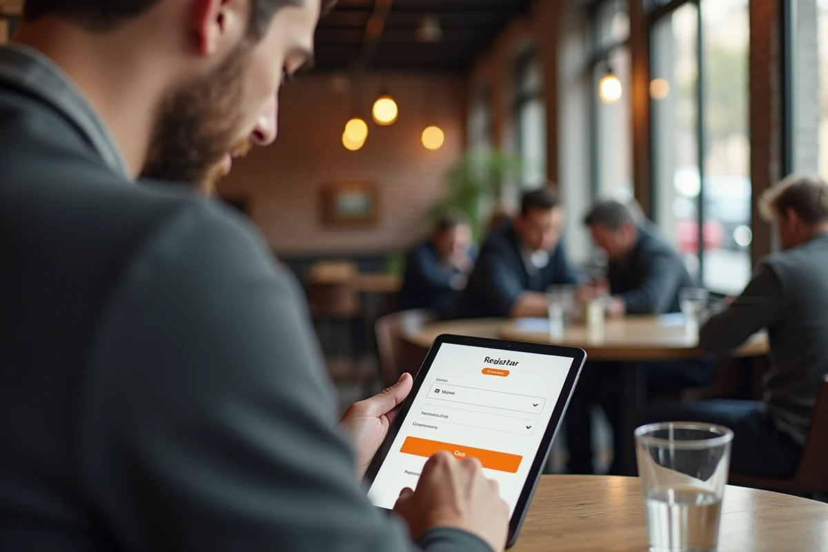 Homme configurant une adresse email Orange sur tablette dans un café urbain moderne