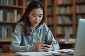 Étudiante d'AgroParisTech configurant son adresse mail universitaire sur smartphone Android dans une bibliothèque