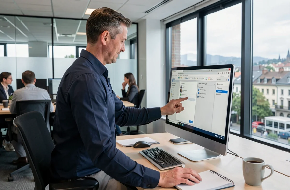 Homme paramétrant un compte Outlook dans un bureau moderne avec vue sur Grenoble