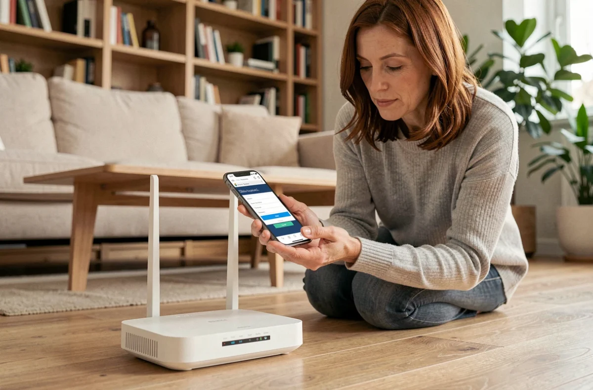 Femme paramétrant son routeur Wi-Fi à domicile en accédant à la page de connexion 192.168.1.1 depuis son smartphone dans un salon moderne