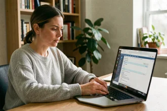 Femme configurant un client mail Thunderbird sur son ordinateur portable dans un bureau à domicile