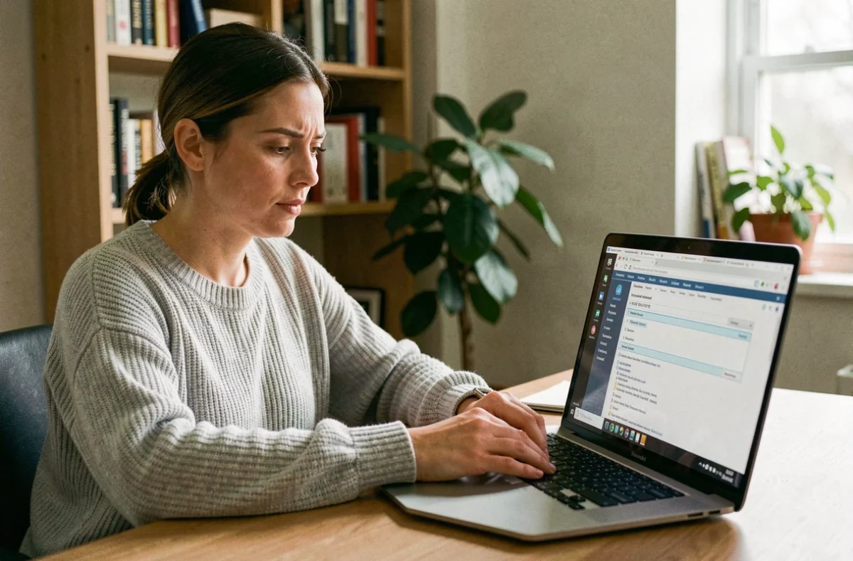 Femme configurant un client mail Thunderbird sur son ordinateur portable dans un bureau à domicile