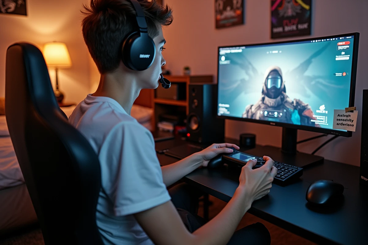 Adolescent configurant la sensibilité de visée sur manette Switch Pro pour FPS sur PC dans une chambre gaming