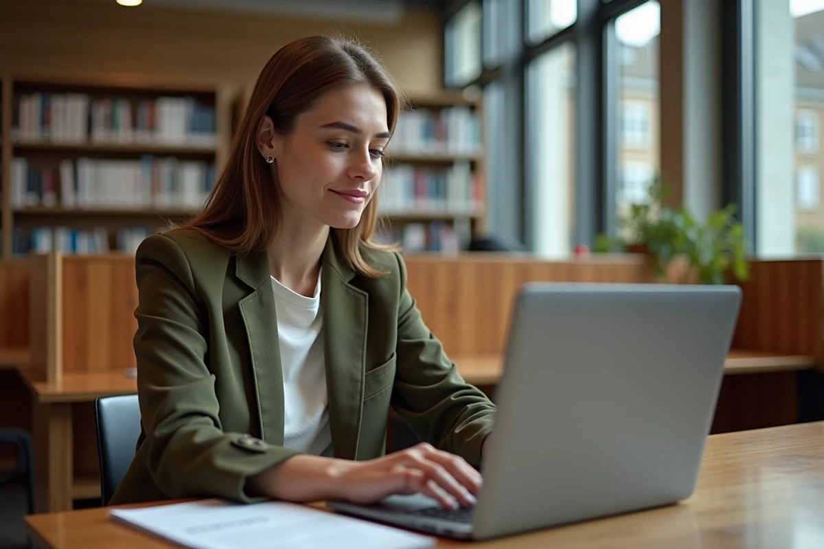 Femme consultant un guide d'accueil de l'académie de Rennes pour configurer son webmail dans une bibliothèque universitaire