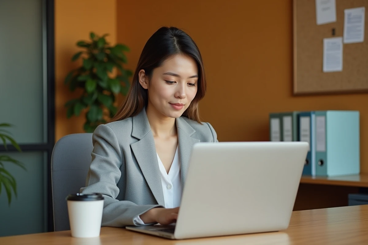 Nouvelle enseignante se connectant au webmail académique de Rennes sur un ordinateur portable dans un bureau universitaire moderne