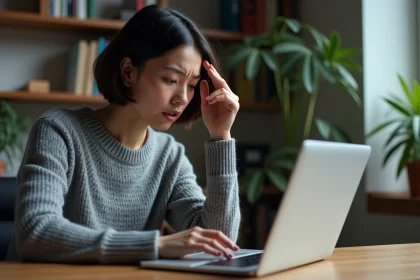Femme frustrée devant un message d'erreur de connexion au webmail Grenoble sur son ordinateur portable