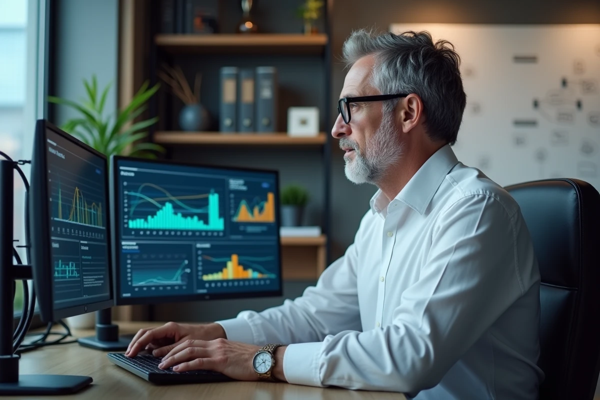 Consultant senior en expertise multimédia analysant des schémas d'infrastructure télécom sur double écran