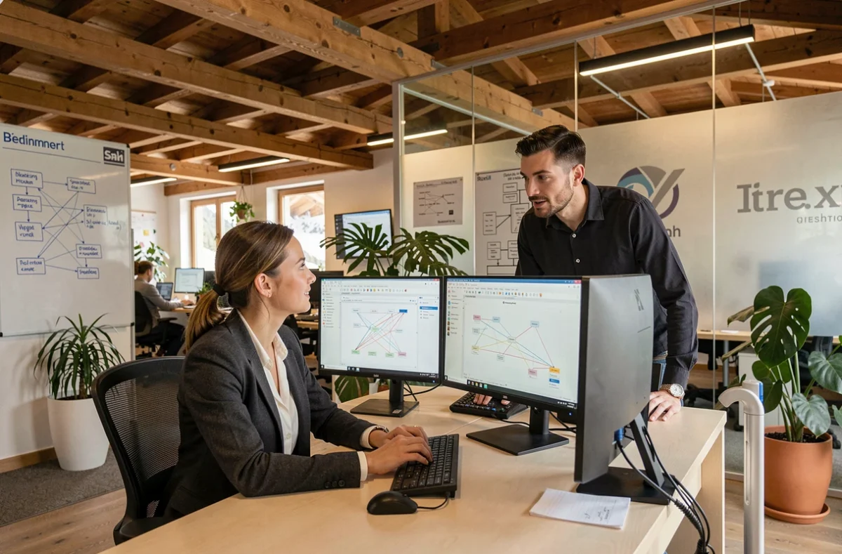 Consultante informatique et collègue collaborant sur une architecture réseau dans un bureau moderne en Haute-Savoie