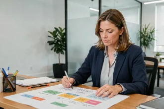Consultante SEO analysant une feuille de route stratégique 2026 avec annotations sur un bureau moderne