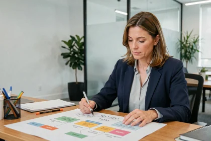 Consultante SEO analysant une feuille de route stratégique 2026 avec annotations sur un bureau moderne