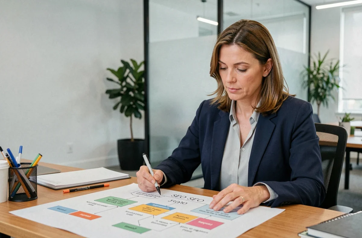 Consultante SEO analysant une feuille de route stratégique 2026 avec annotations sur un bureau moderne