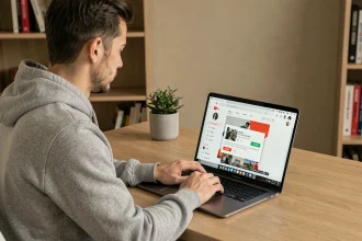Jeune homme utilisant un ordinateur portable pour convertir une vidéo YouTube en fichier MP4 dans un bureau à domicile moderne