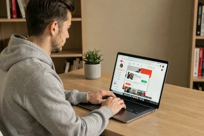 Jeune homme utilisant un ordinateur portable pour convertir une vidéo YouTube en fichier MP4 dans un bureau à domicile moderne