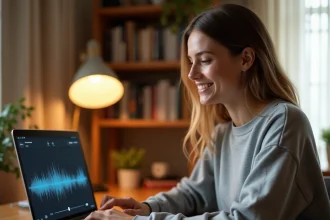 Jeune femme convertissant de la musique YouTube en MP3 depuis son navigateur sur un ordinateur portable