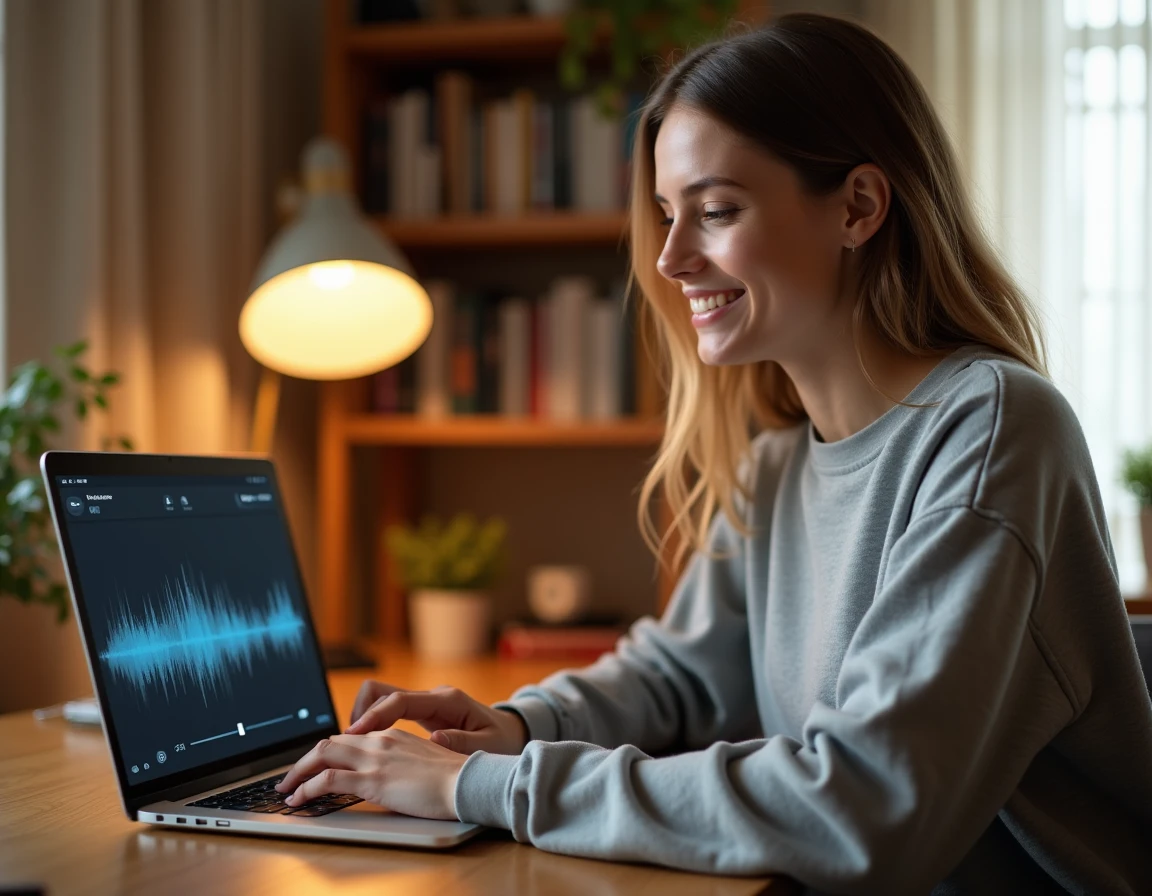 Jeune femme convertissant de la musique YouTube en MP3 depuis son navigateur sur un ordinateur portable