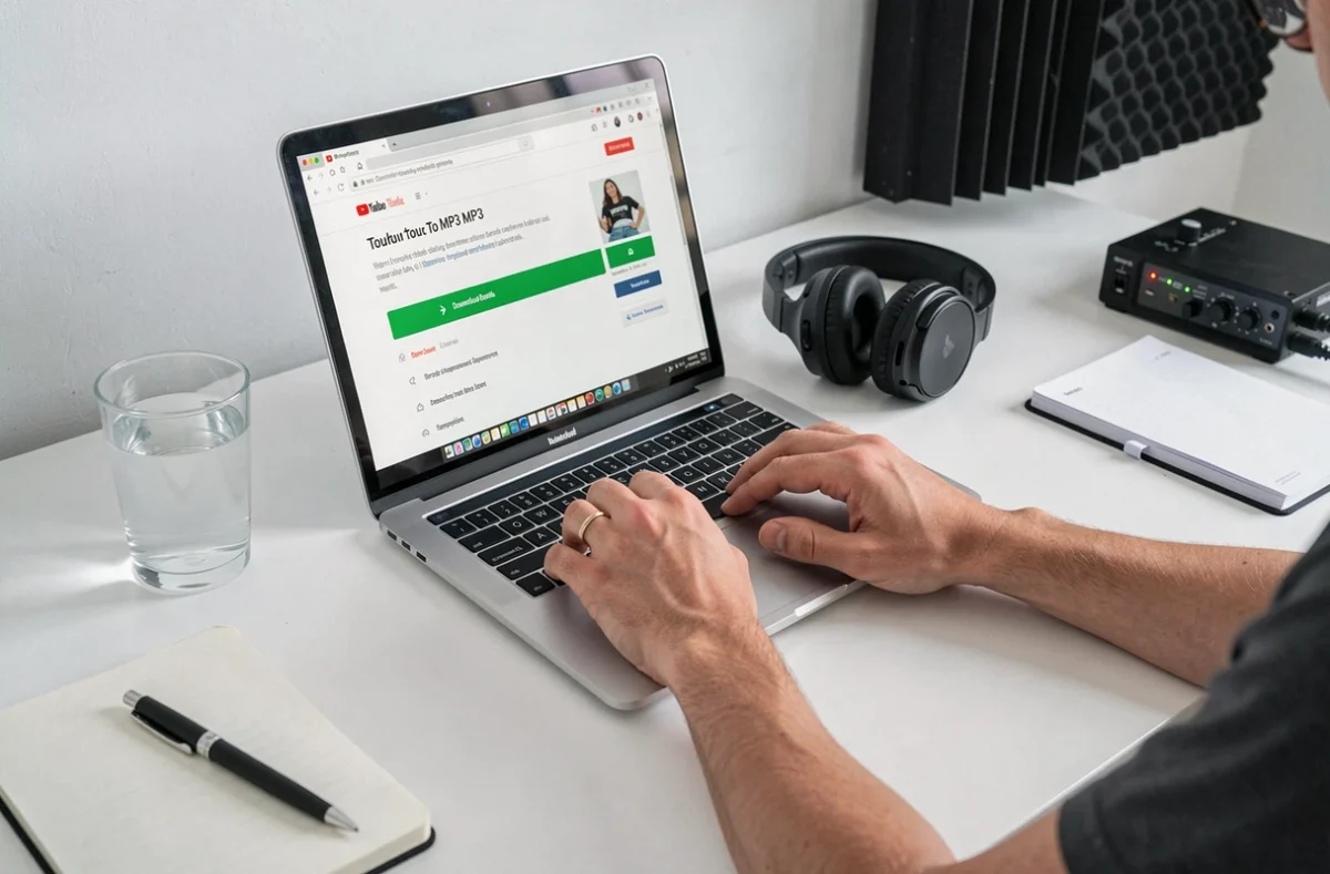 Mains utilisant un convertisseur YouTube MP3 sur ordinateur portable dans un studio home office