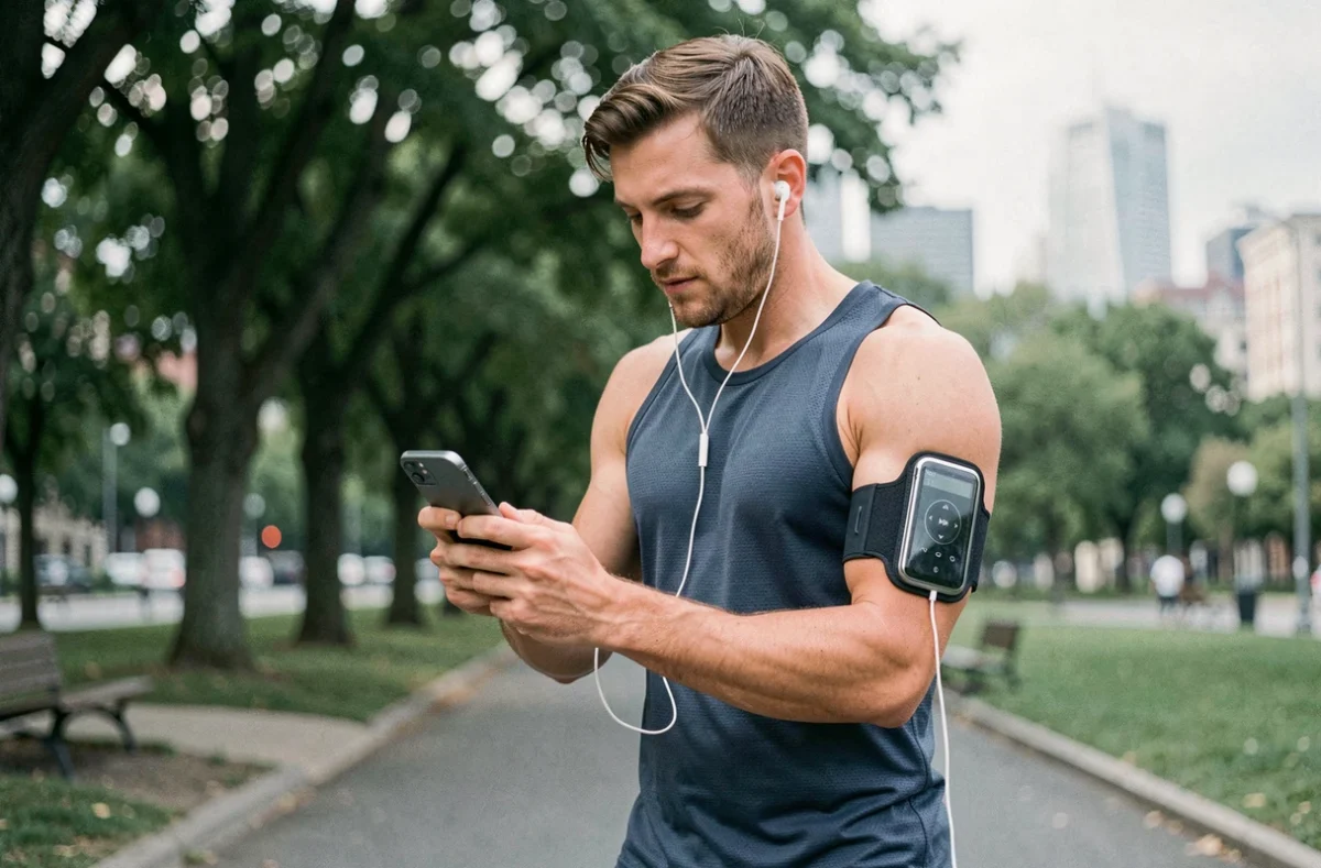 Coureur urbain attachant un lecteur MP3 sur son bras avant une séance de running en plein air